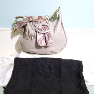 NEW Carlos Falchi CHI Beige 100% Leather Snake Skin Crescent Shoulder Bag Purse